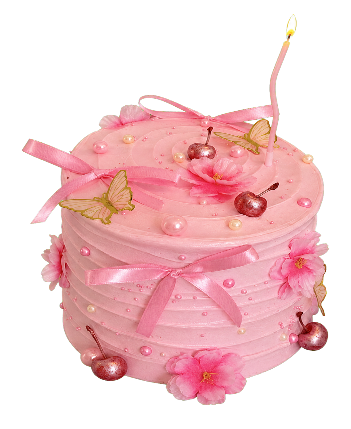Pink buttercream cake decorated with bows, butterflies, flowers, pearls and cherries